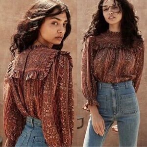 Doen Bridger Blouse Top Rust Floral Printed Ruffle Long Sleeve Boho Peasant XS